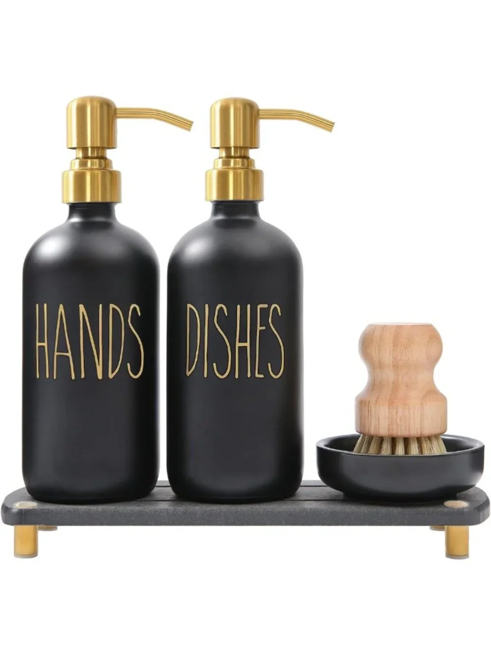 Stylish Soap Dispenser Set with Stainless Pumps, Dry Tray & Dish Scrub Brush